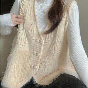 Apricot Casual Women's Solid Button Front Fluffy Knit Sweater Vest